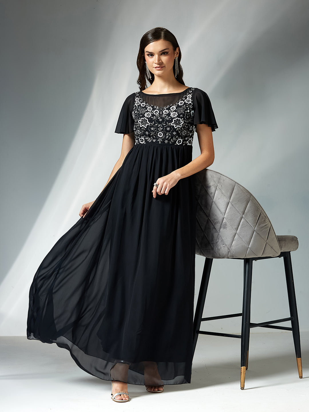 Women's Black Embellished Gathered Maxi Dress