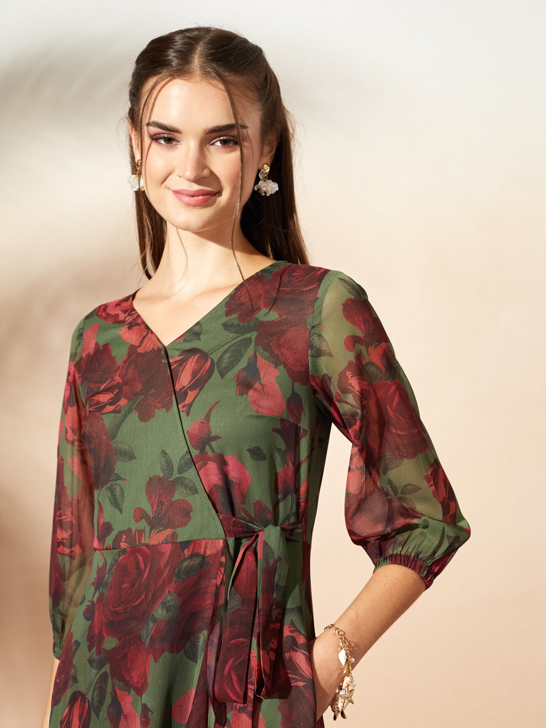 Women’s Olive & Wine Floral V-Neck 3/4 Sleeve Wrap Midi Chiffon Dress for Women