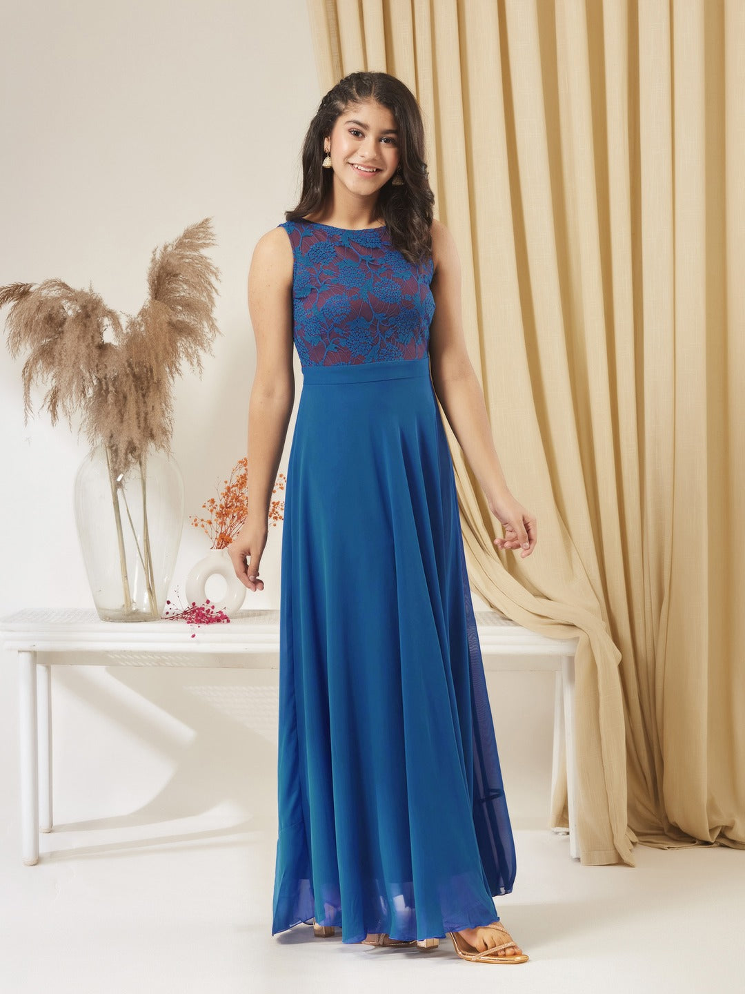 Royal Blue Round Neck Sleeveless Georgette Floral Lace Fit & Flare Maxi Dress for Girls/Teenagers