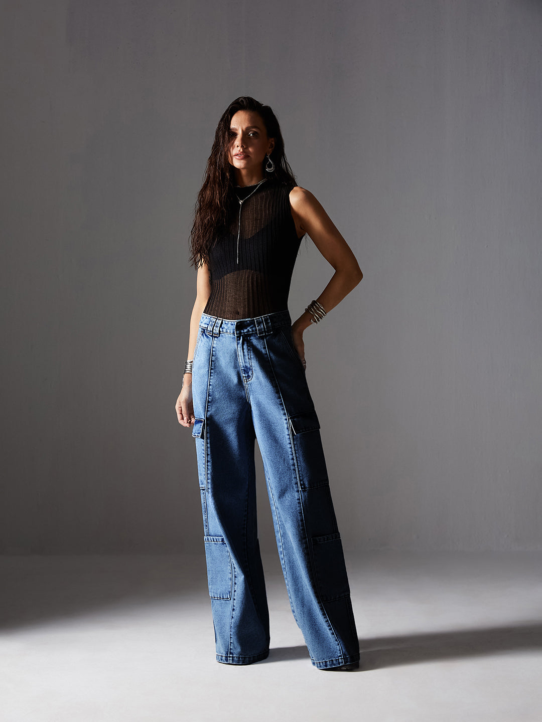 Women's Light Blue Wide-Leg High Rise Regular Denim Pant