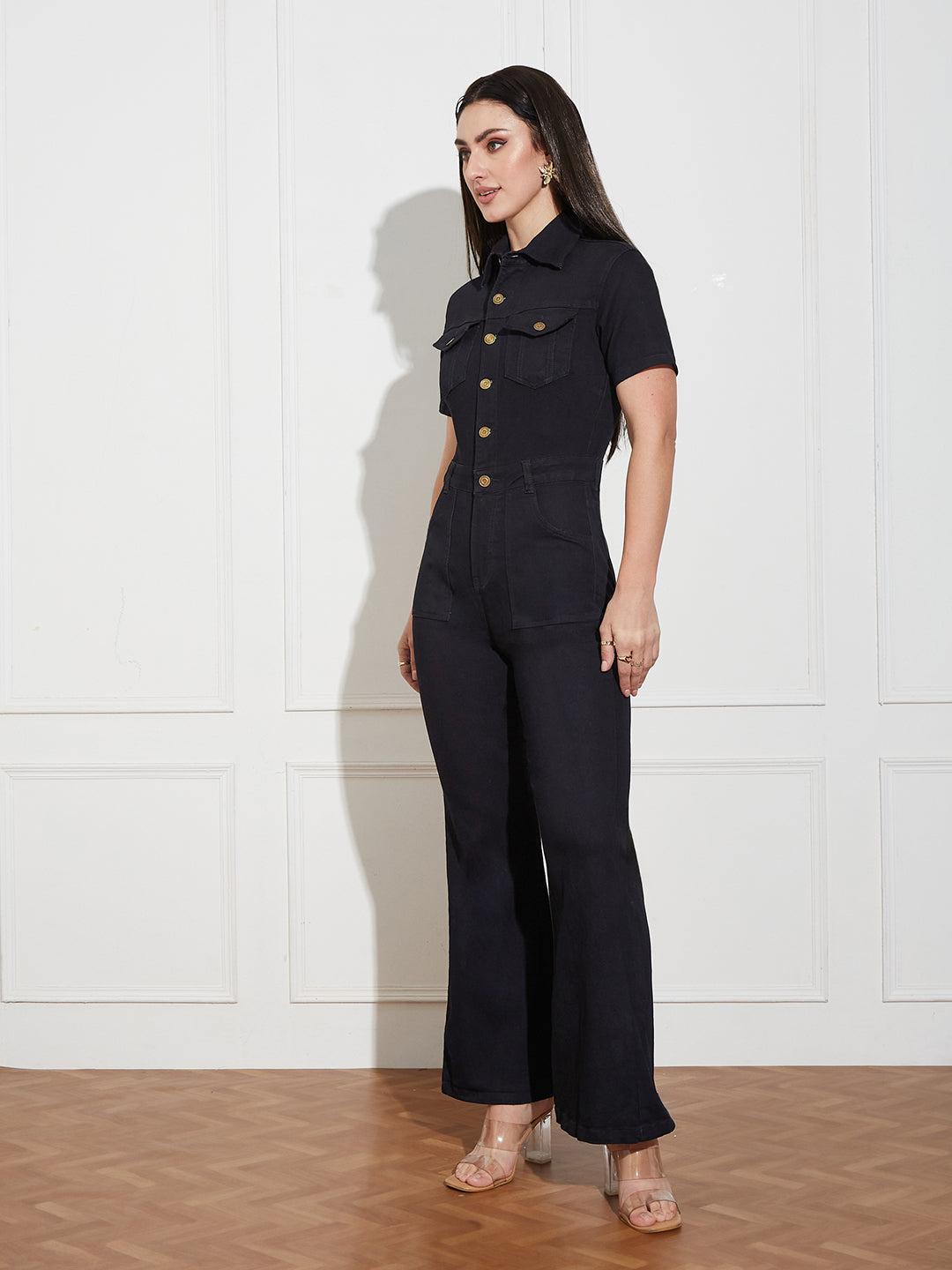 Women's Black Flared High Rise Regular Stretchable Denim Jumpsuit