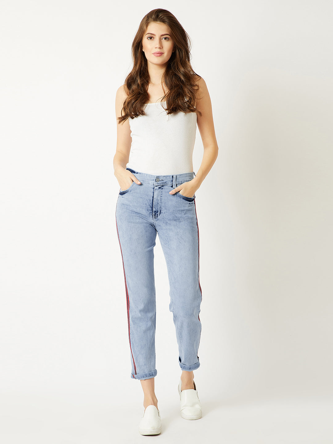 Women's Light Blue Slim High Rise Clean Look Regular Length Twill Tape Detailing Blast Effect Stretchable Denim Jeans