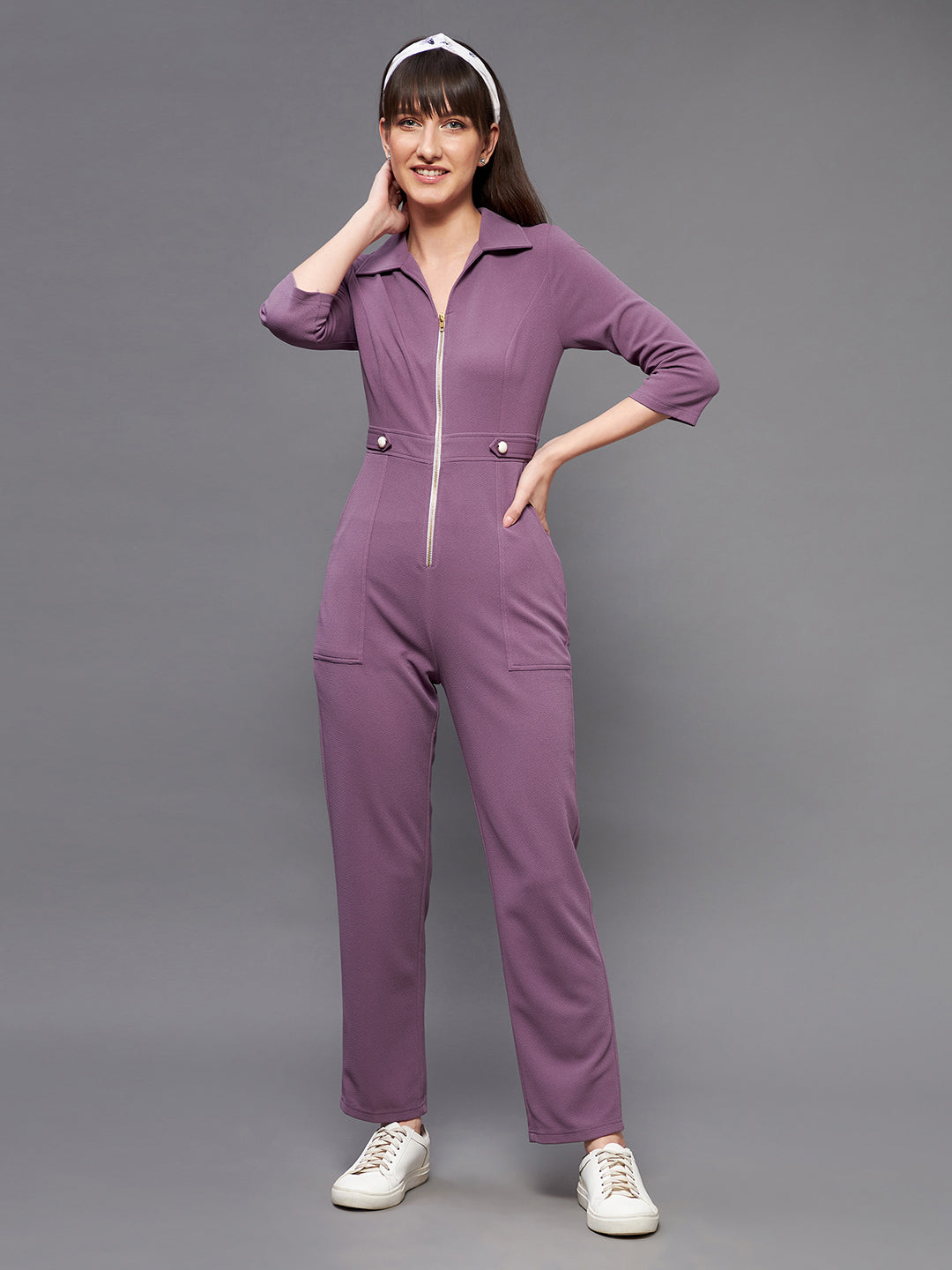 Crease Ease Women's Dark Lavender Collared 3/4 Sleeve Solid Straight Leg Regular Jumpsuit