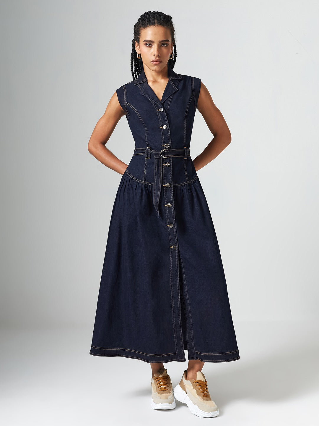 Dark Blue Notched-Collar Sleeveless Solid Drop Waist Maxi-Length Light Weight Denim Shirt Dress for Women