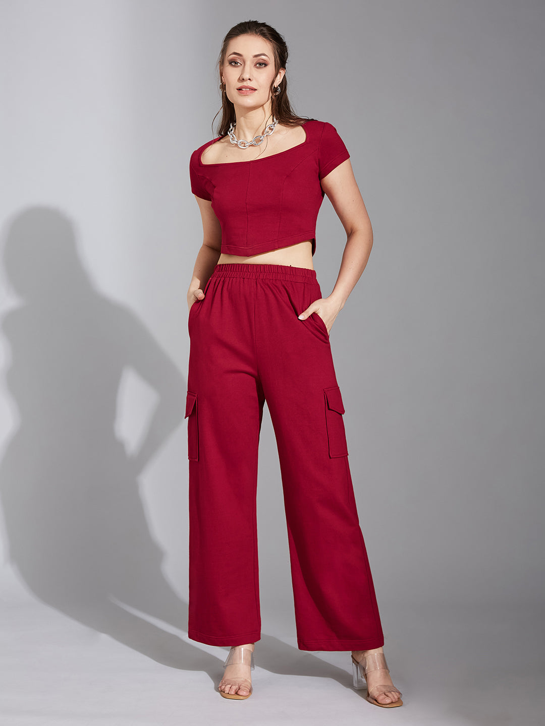 Women's Maroon Wide-Neck Short Sleeve Solid Regular-Length Flap Pocketed Cotton Panelled Co-Ord Set