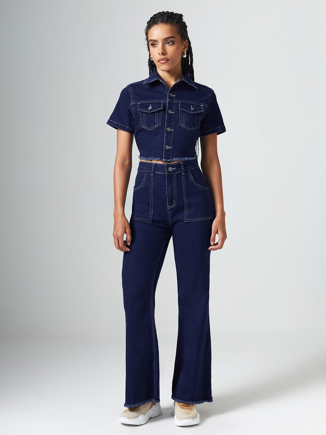 Navy Blue Bootcut High-Rise Clean-Look Cropped Top, Regular Bottom Stretchable Denim Co-Ord Set for Women