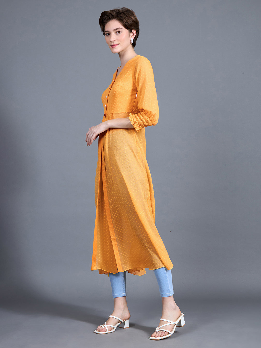 Women's Mustard Yellow V-Neck 3/4 Sleeves solid empire Maxi Top