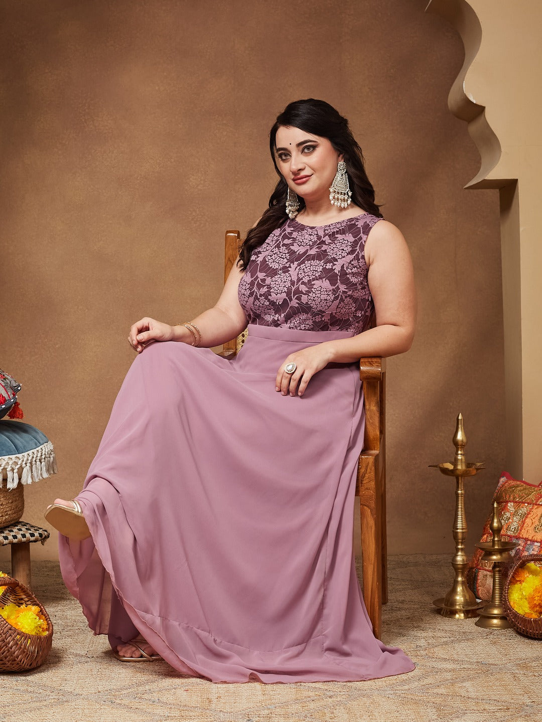 Lavender Round neck Sleeveless Solid Lace Overlaid Maxi Dress for Women