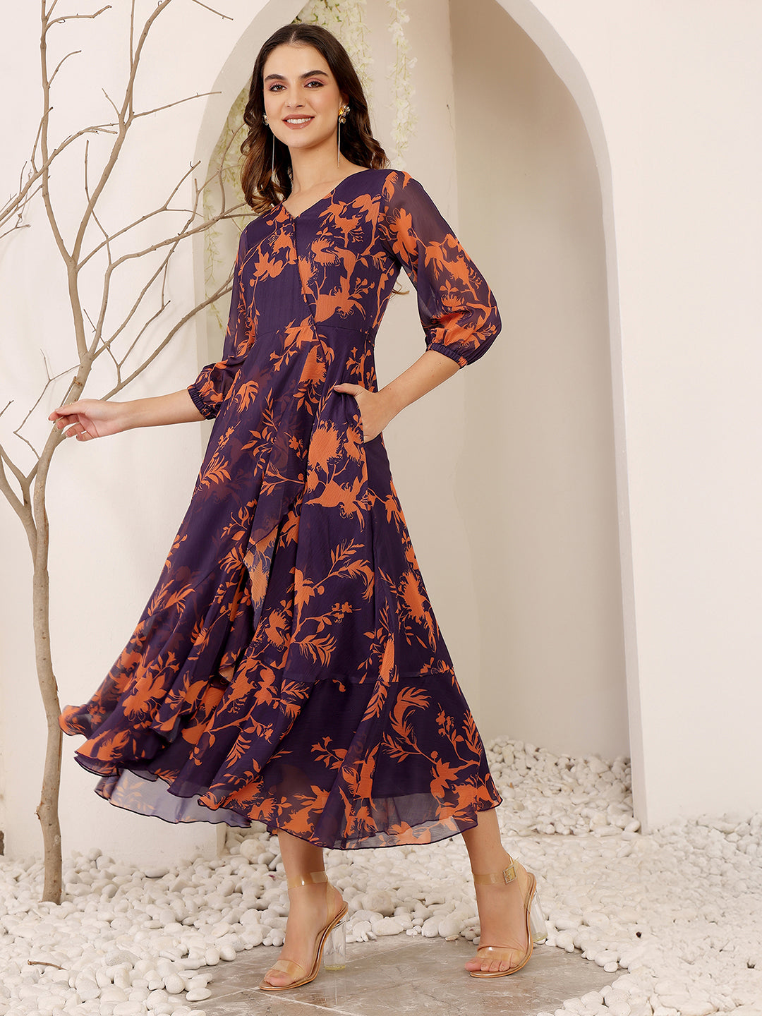 Women's Multicolored-Base-Purple V-Neck 3/4 Sleeve Floral Wrap Chiffon Midi Dress