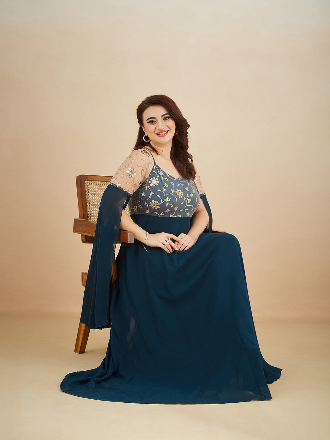 Teal V-Neck Full Sleeve Embroidered Fit & Flare Georgette Maxi Dress for Women