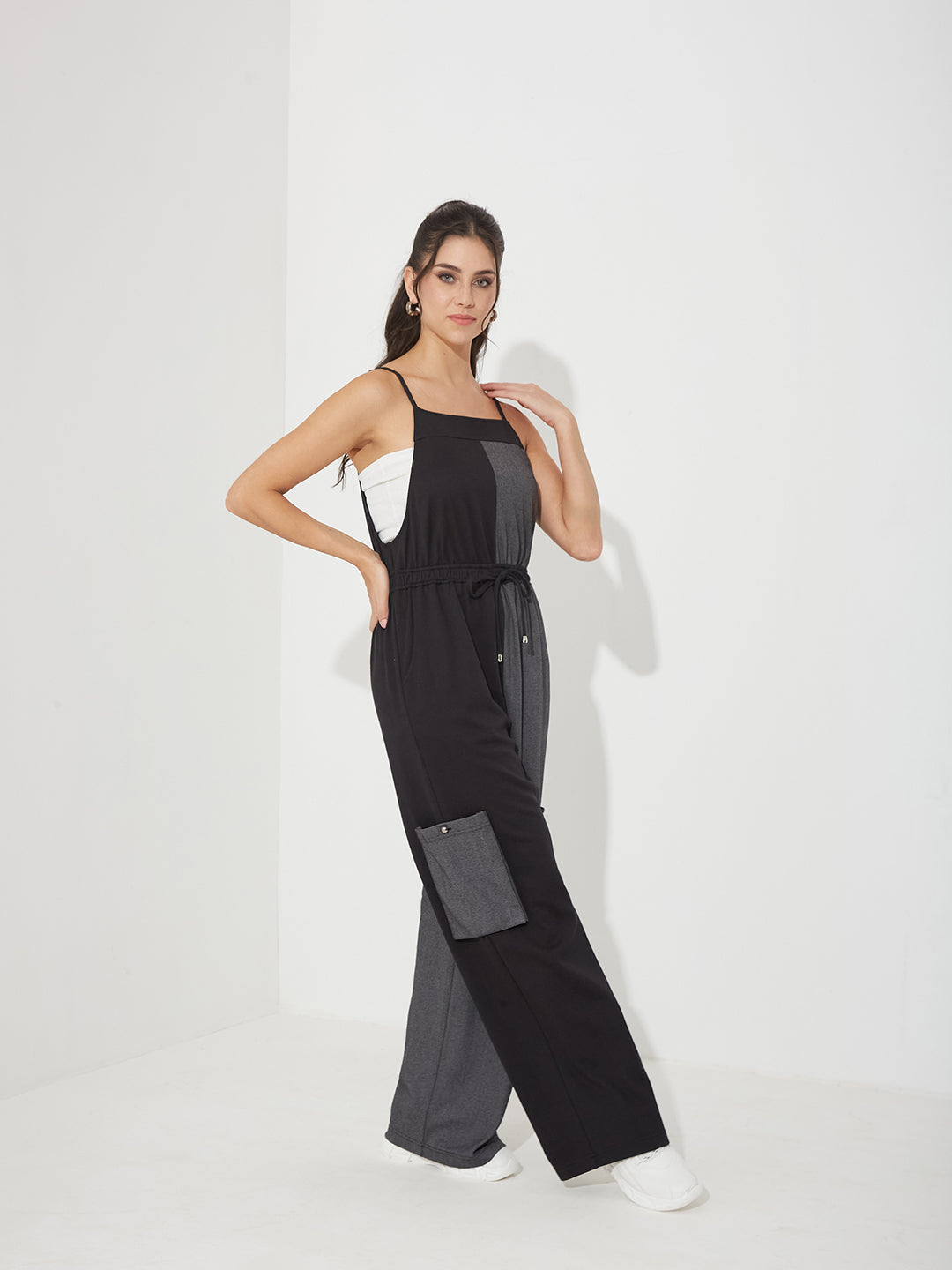 Black & Grey Square Neck Sleeveless Dual Tone Full Length Cotton Dungaree for Women