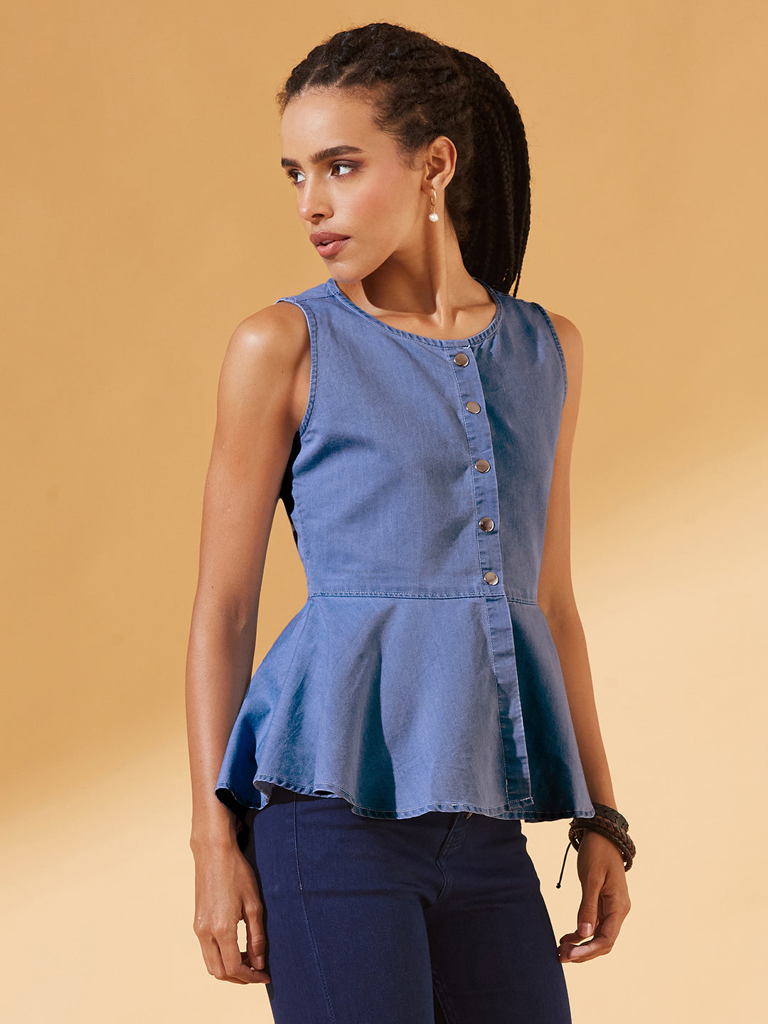 Blue Round Neck Sleeveless Denim Front Open Solid Hooded Peplum Top for Women