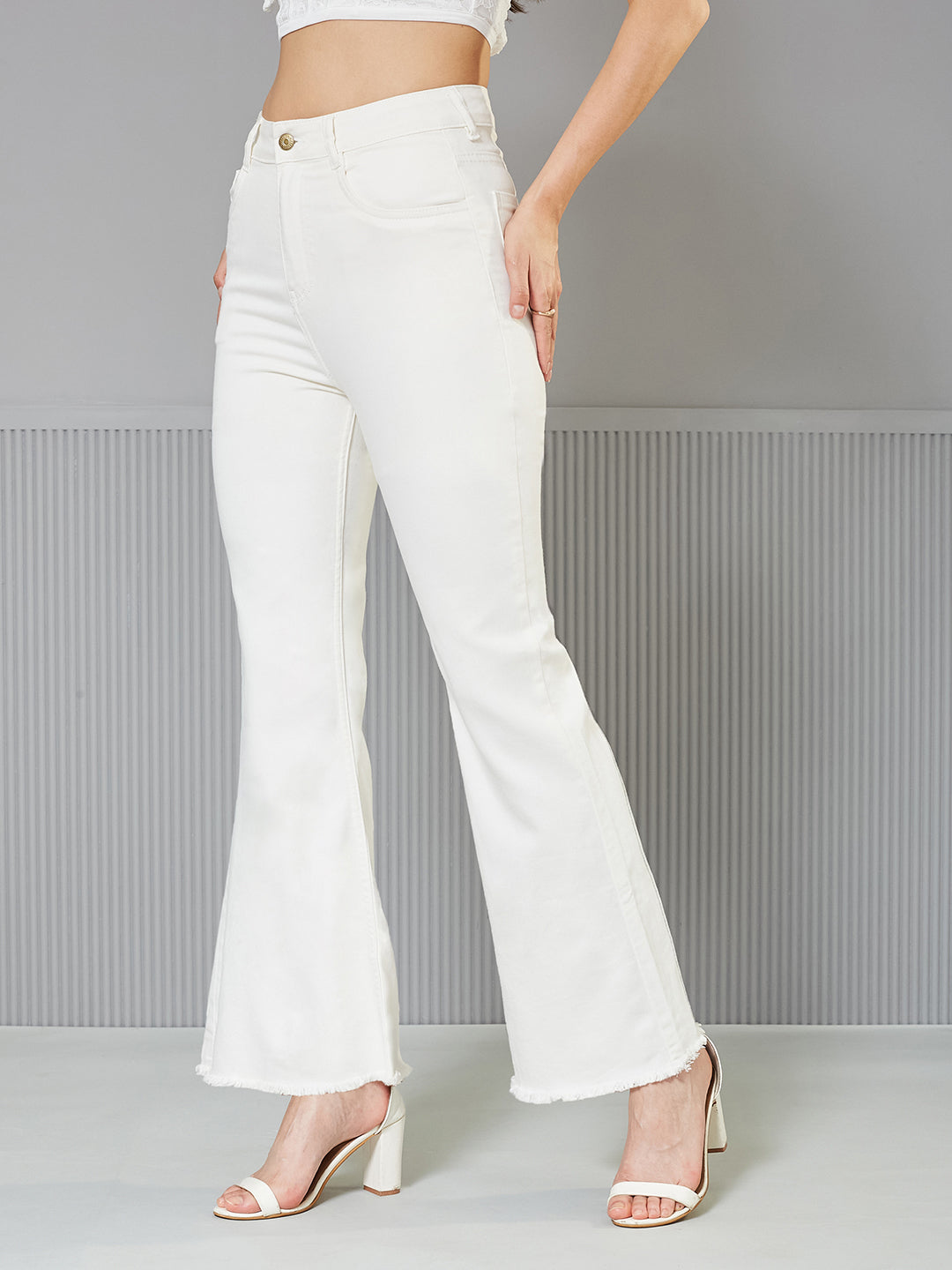 White Bootcut High-Rise Stretchable Denim Jeans for Women