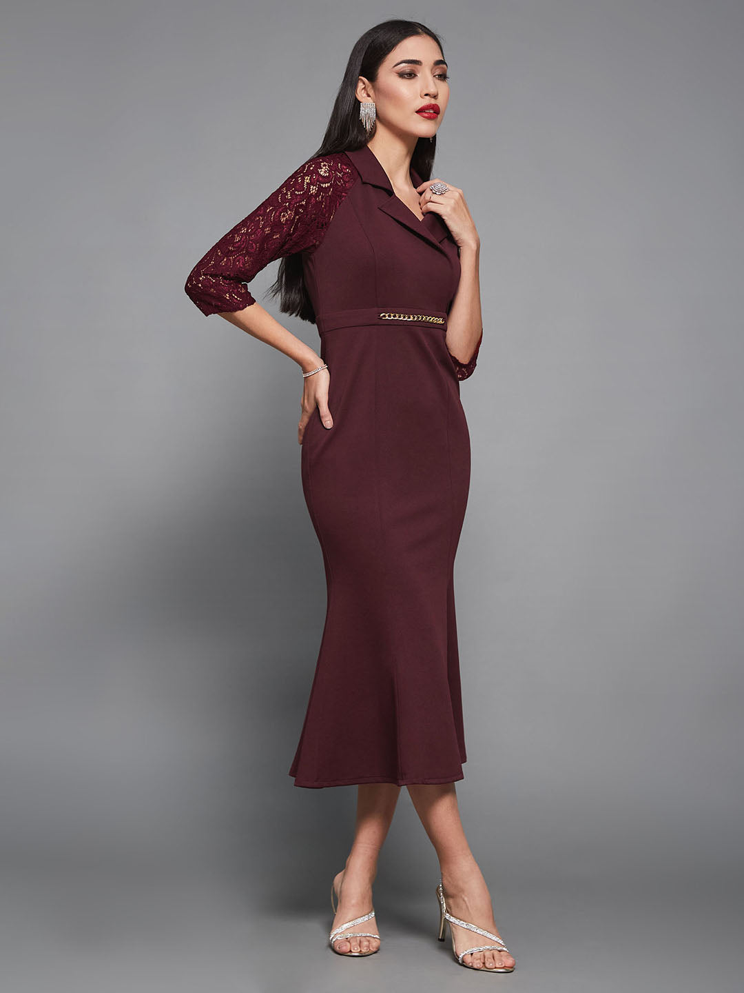 Women's Wine Notched Collar Three-Quarter Sleeve Self-Designed Bodycon Midi Dress
