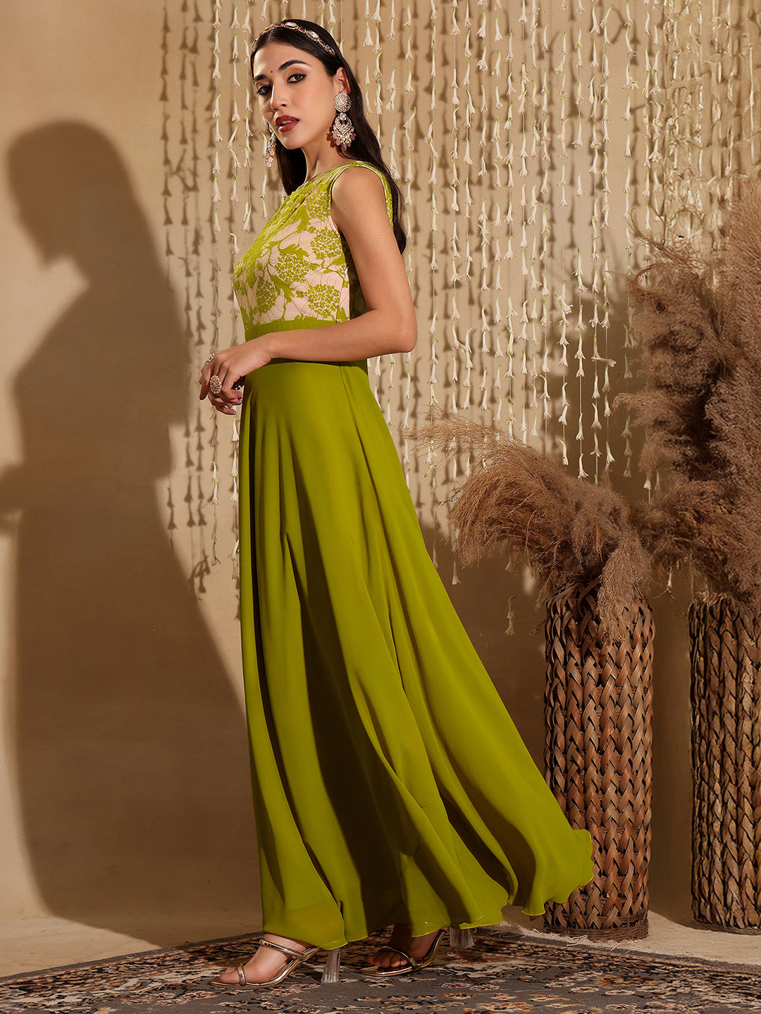 Women's Lemon Green Round Neck Sleeveless Georgette Floral Lace Fit & Flare Maxi Dress