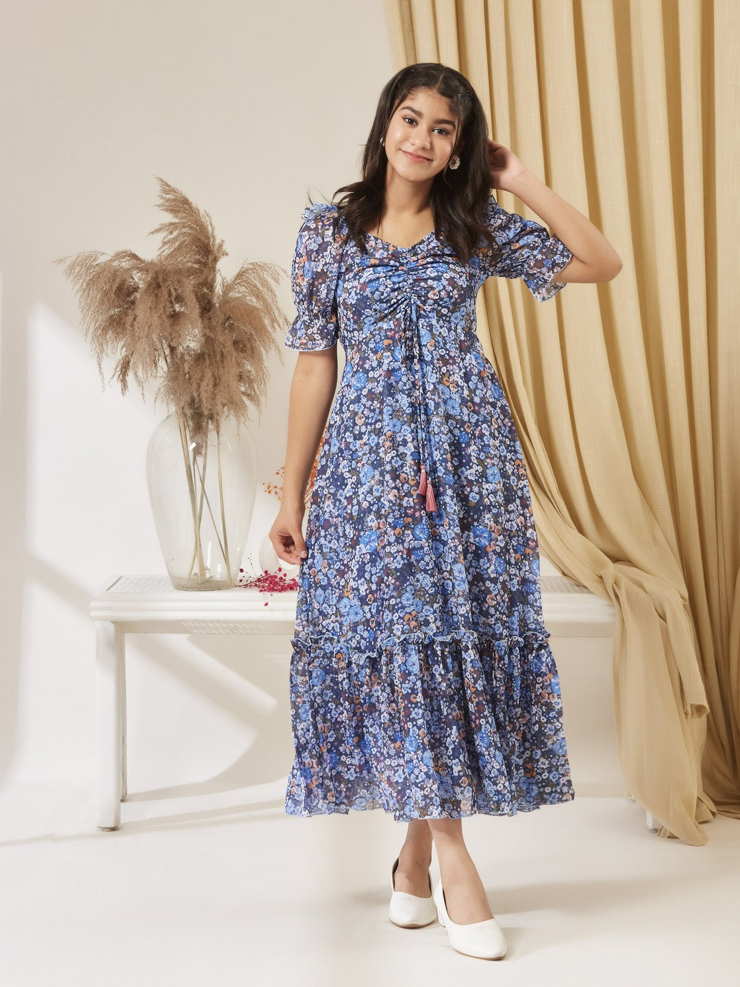 Navy Blue V-Neck Puff Sleeve Floral Ruching Ankle-Length Dress for Girls/Teenagers