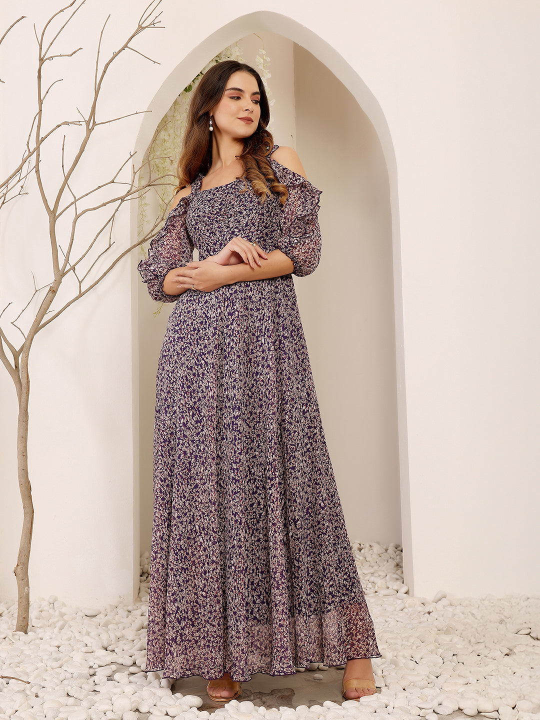 Women's Multicolored-Base-Purple Sweetheart Cold Shoulder Floral Ruched Chiffon Maxi Dress