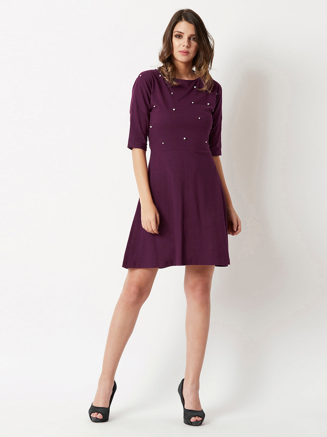 Women's Magenta Round Neck 3/4 Sleeve Cotton Solid Pearl Detailing Mini Skater Dress