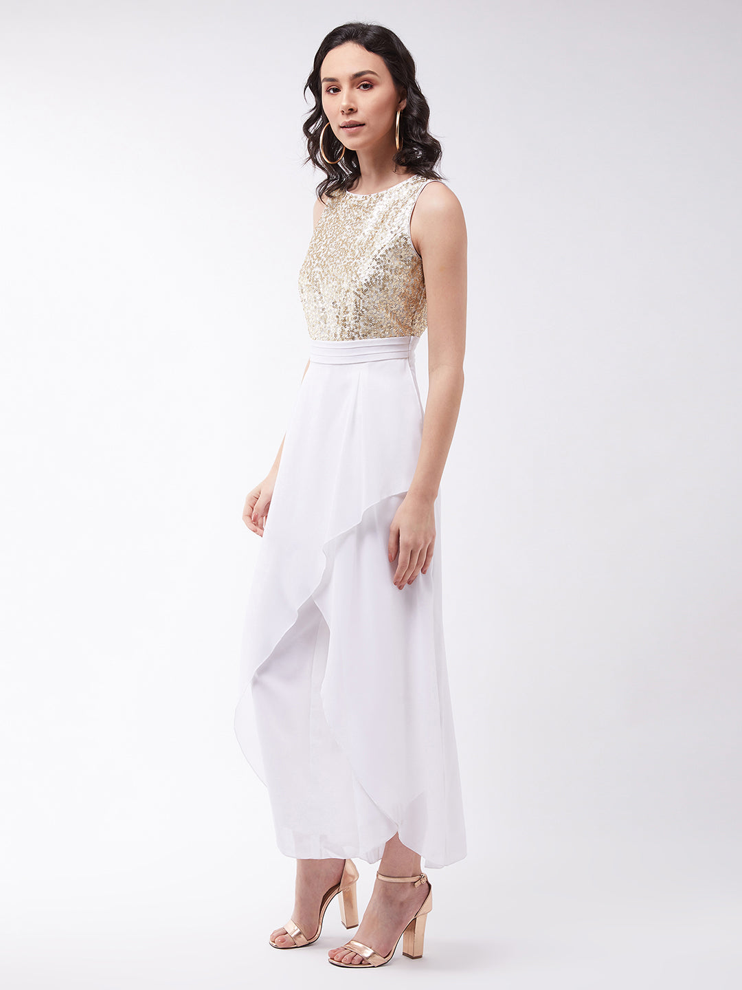 Women's Off-White Solid Relaxed Fit Round Neck Sleeveless Sequined Party Jumpsuit