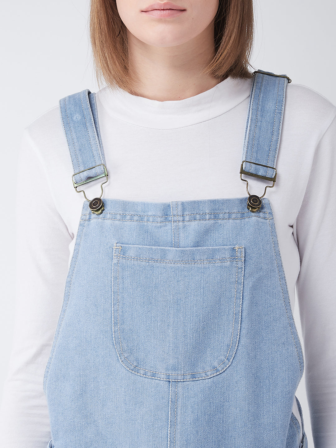 Women's Light Blue Regular Fit Mid Rise Regular Length Ripped Denim Dungaree