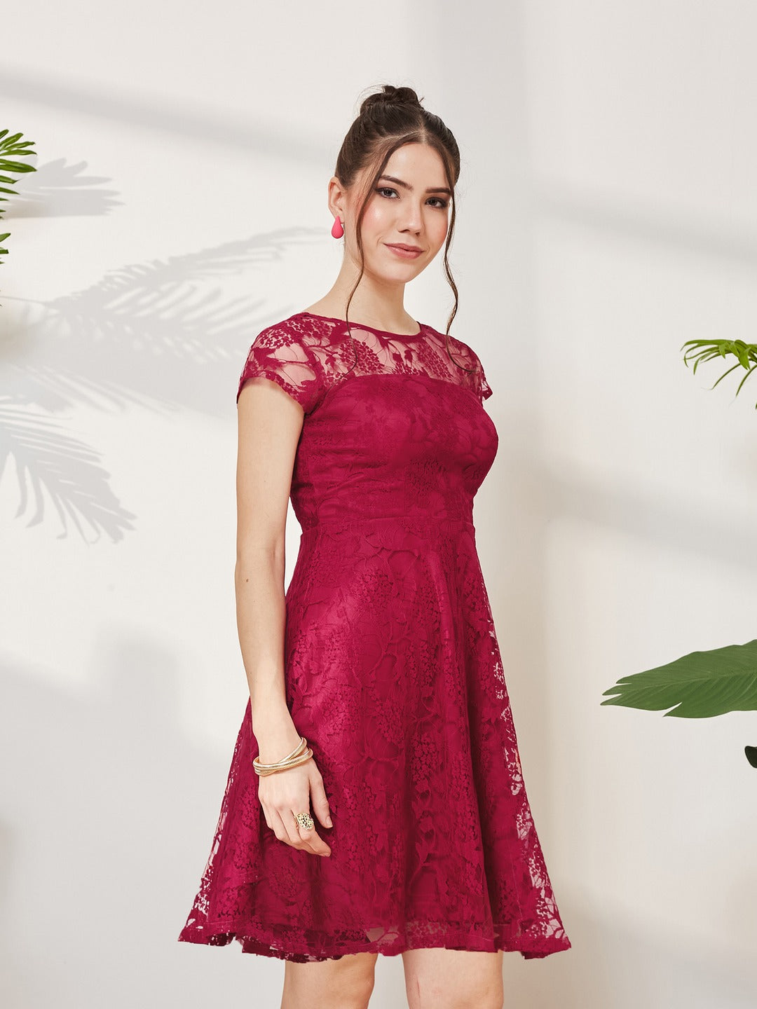 Dark Pink Round Neck Cap Sleeves Low Back Lace Skater Dress for Women