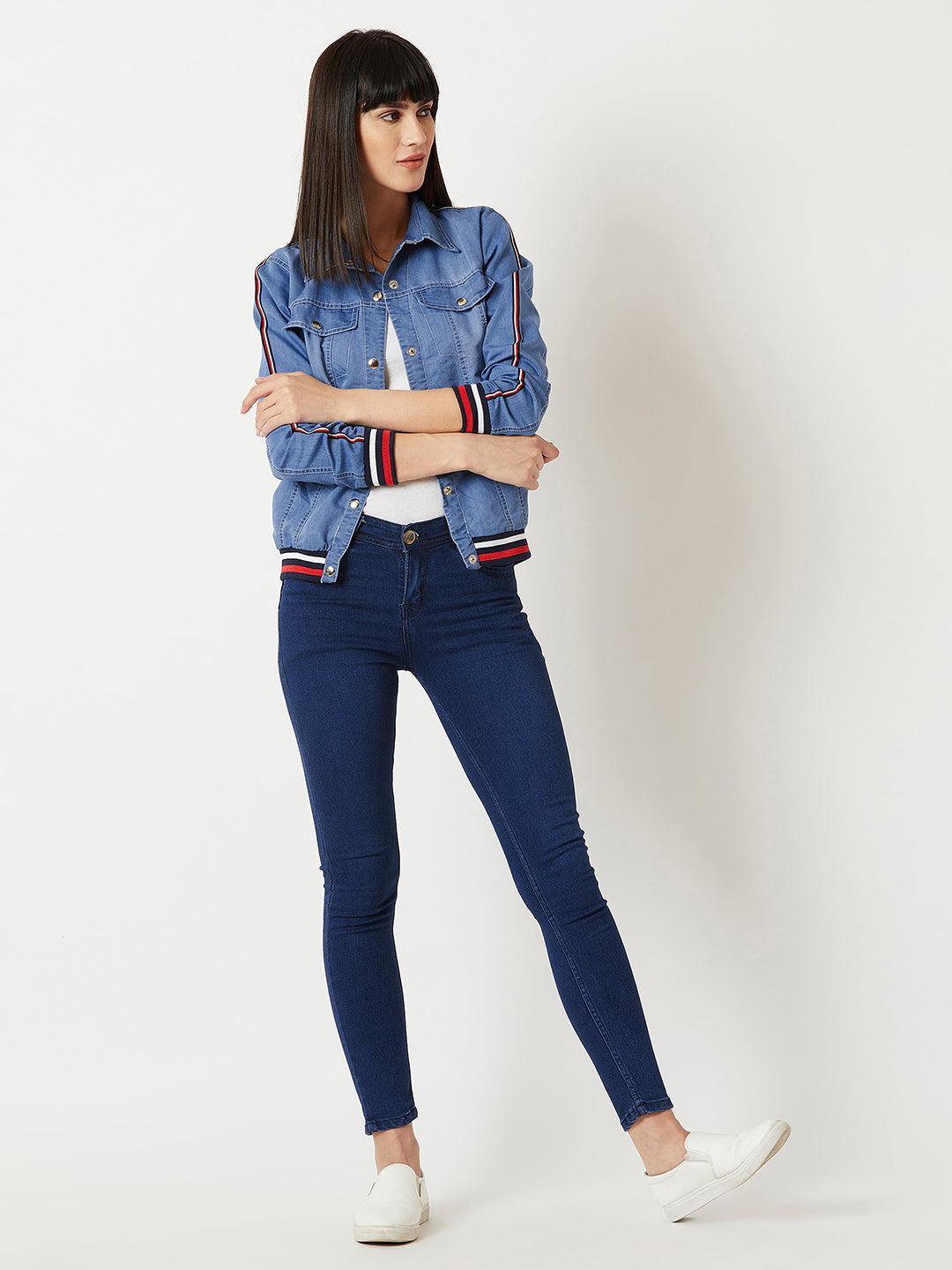 Women's Light Blue Polo Neck Full Sleeve Solid Buttoned Rib And Twill Tape Detailing Bomber Denim Jacket