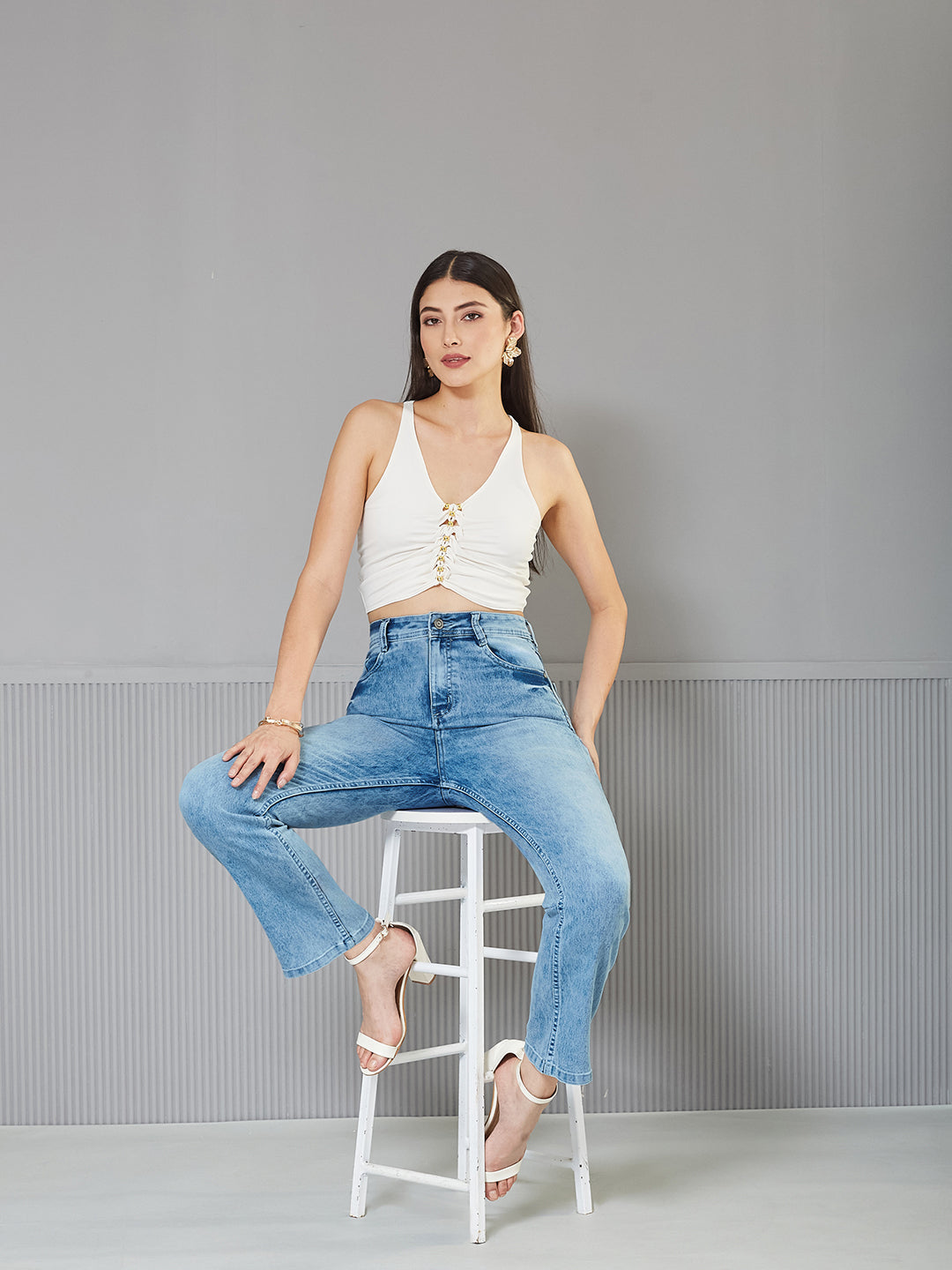 Women's Light Blue Wide-Leg Fit High-Rise clean-look Regular-Length Stretchable Denim Jeans