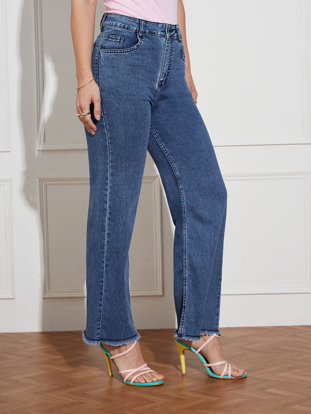 Women's Navy-Blue Wide-Leg High Rise Regular-Length Stretchable Denim Jeans