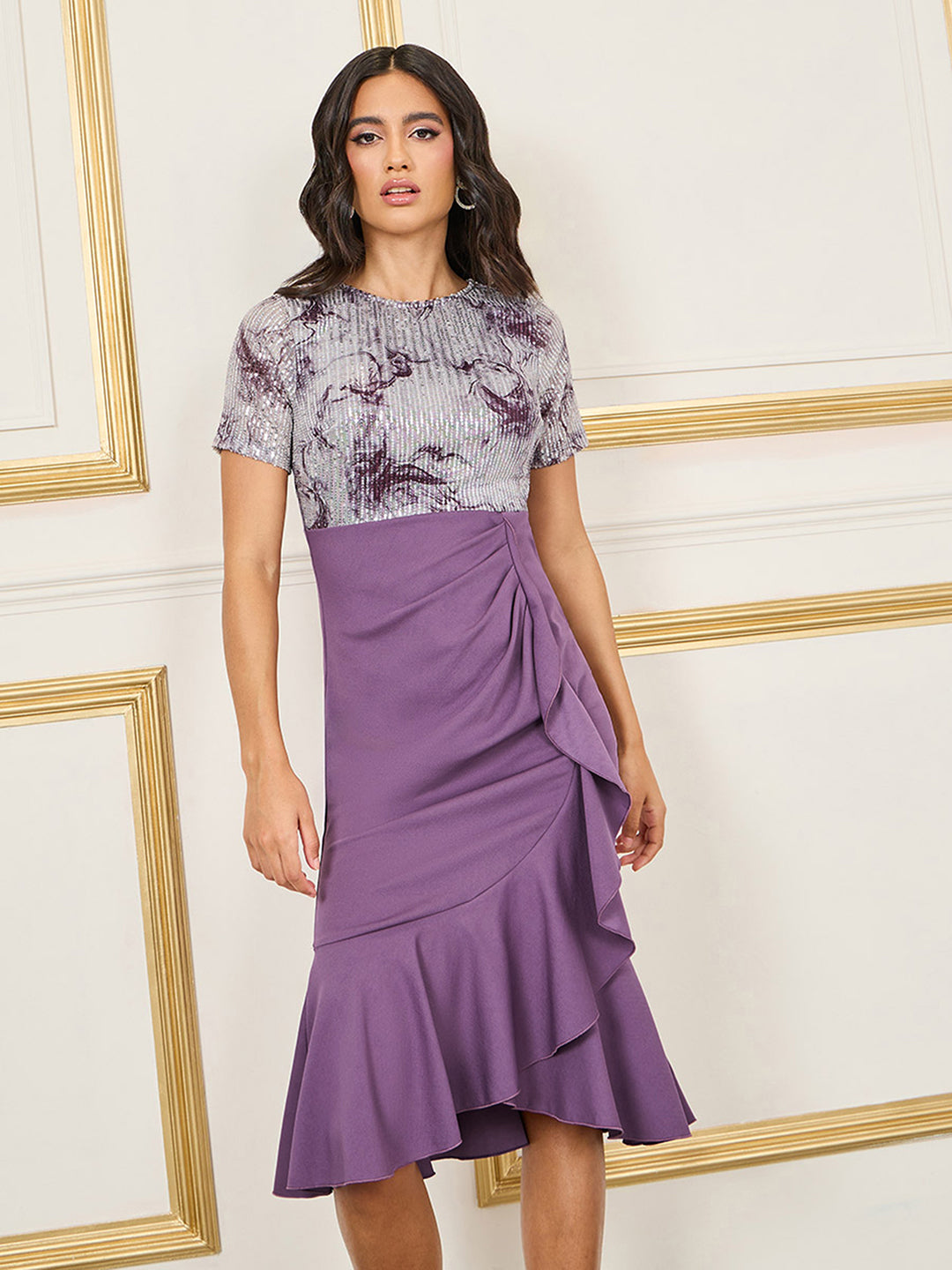 Women's Dark Lavender Round-Neck Regular Sleeve Abstract Ruffled Polyester Knee-Long Dress