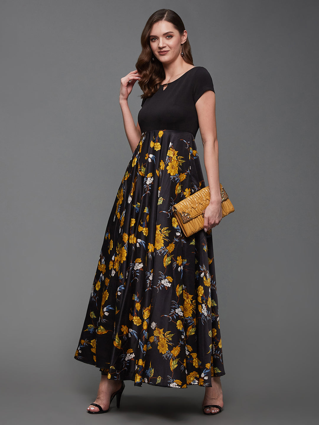 Women's Multicolored-Base-Black Keyhole Neck Short Sleeve Floral Polyester Fit & Flare Maxi Dress