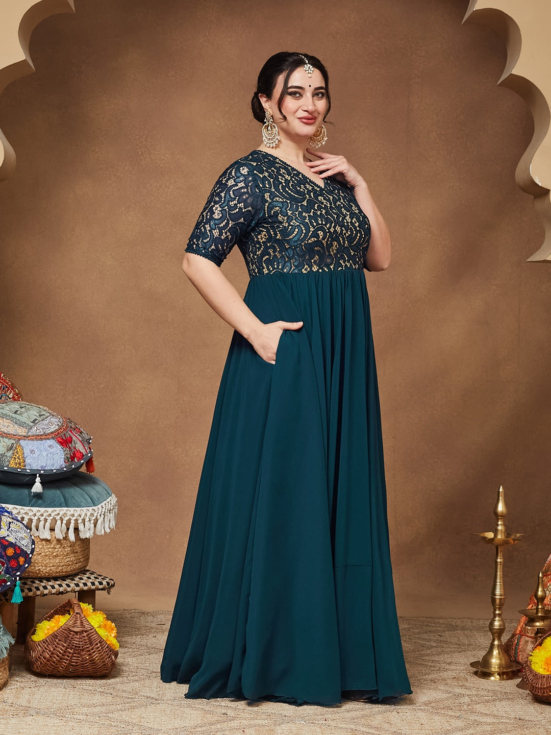 Teal V-Neck Half Sleeve Self Designed Wrap Georgette Maxi Dress for Women