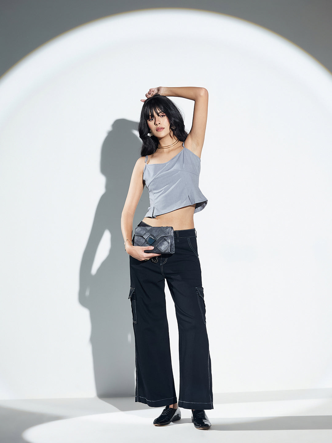 Black Acid Wash High-Rise Wide-Leg Cargo Denim Jeans with Tagging & 6 Pockets for Women