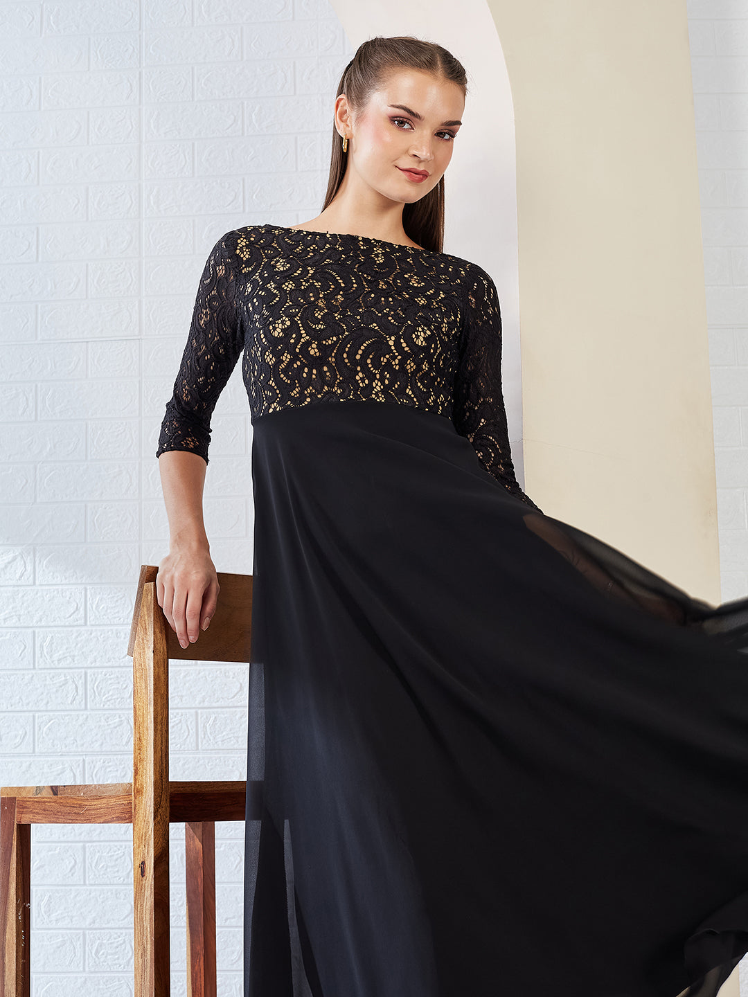 Black Self Design Boat Neck 3/4 Sleeves Side Pocketed Georgette Fit and Flare Maxi Length Dress for Women