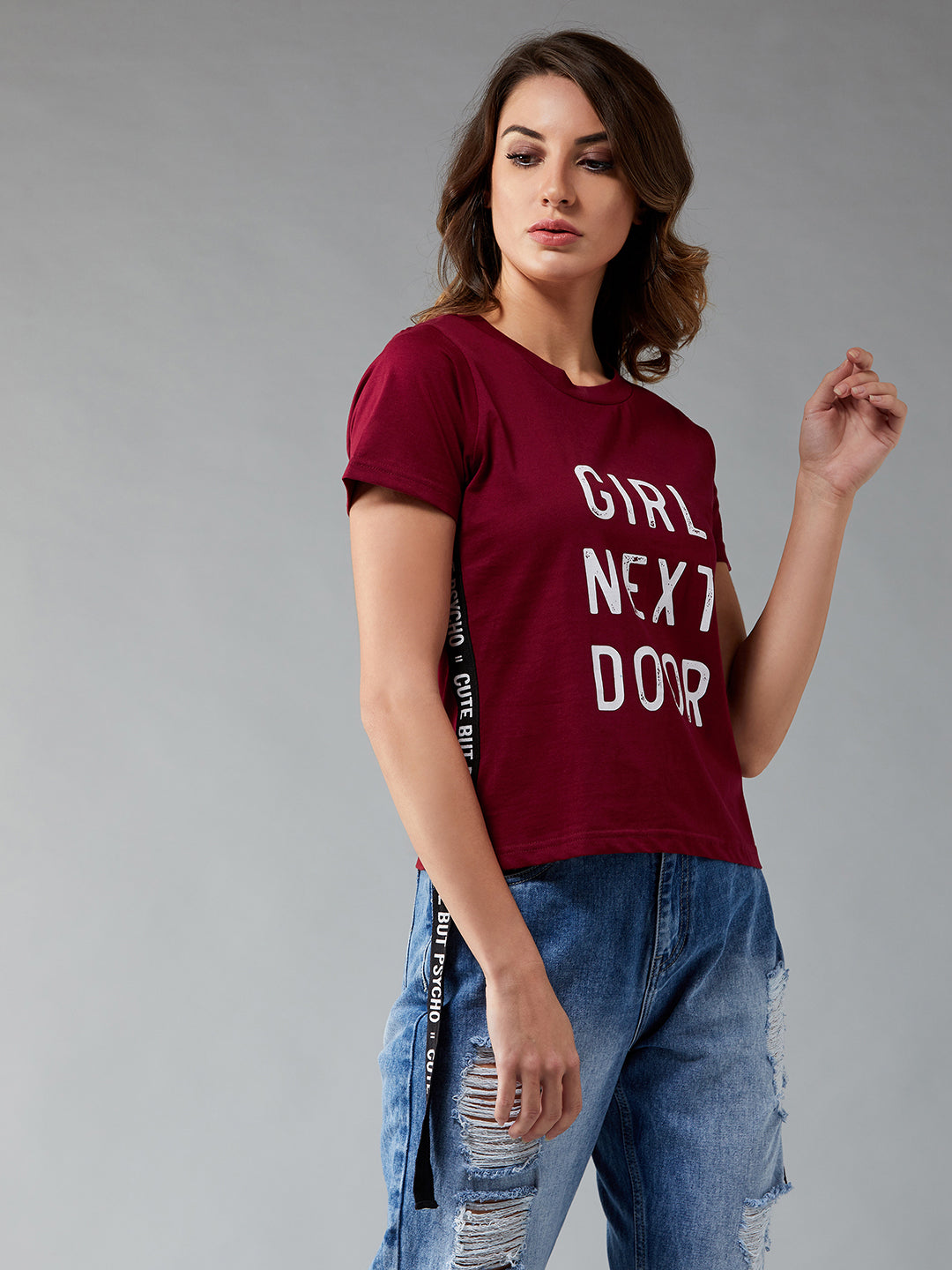 Women's Maroon Round Neck Short Sleeve Printed Basic Crop T-Shirt