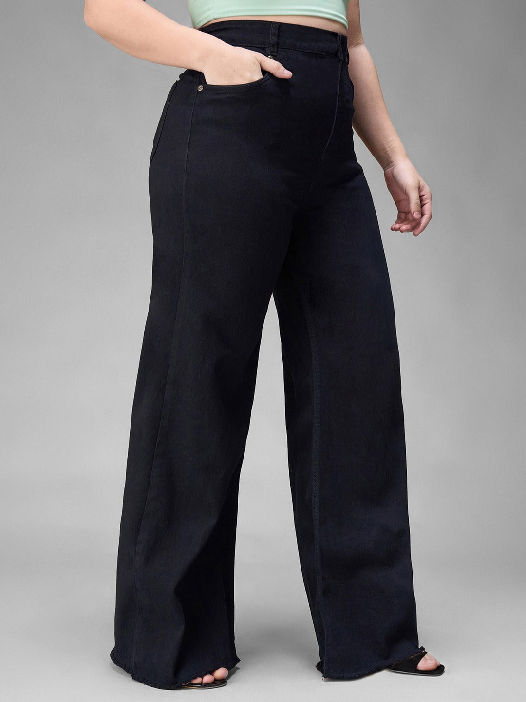 Black High Rise Stretchable Wide Leg Denim Jeans for Women
