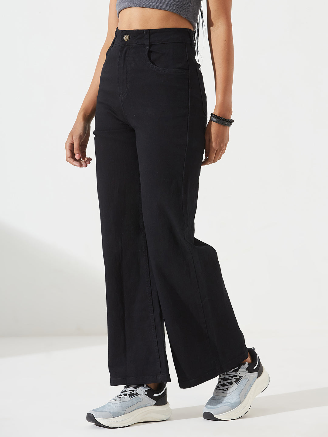 Black Wide Leg High-Rise Stretchable Denim Jeans For Women