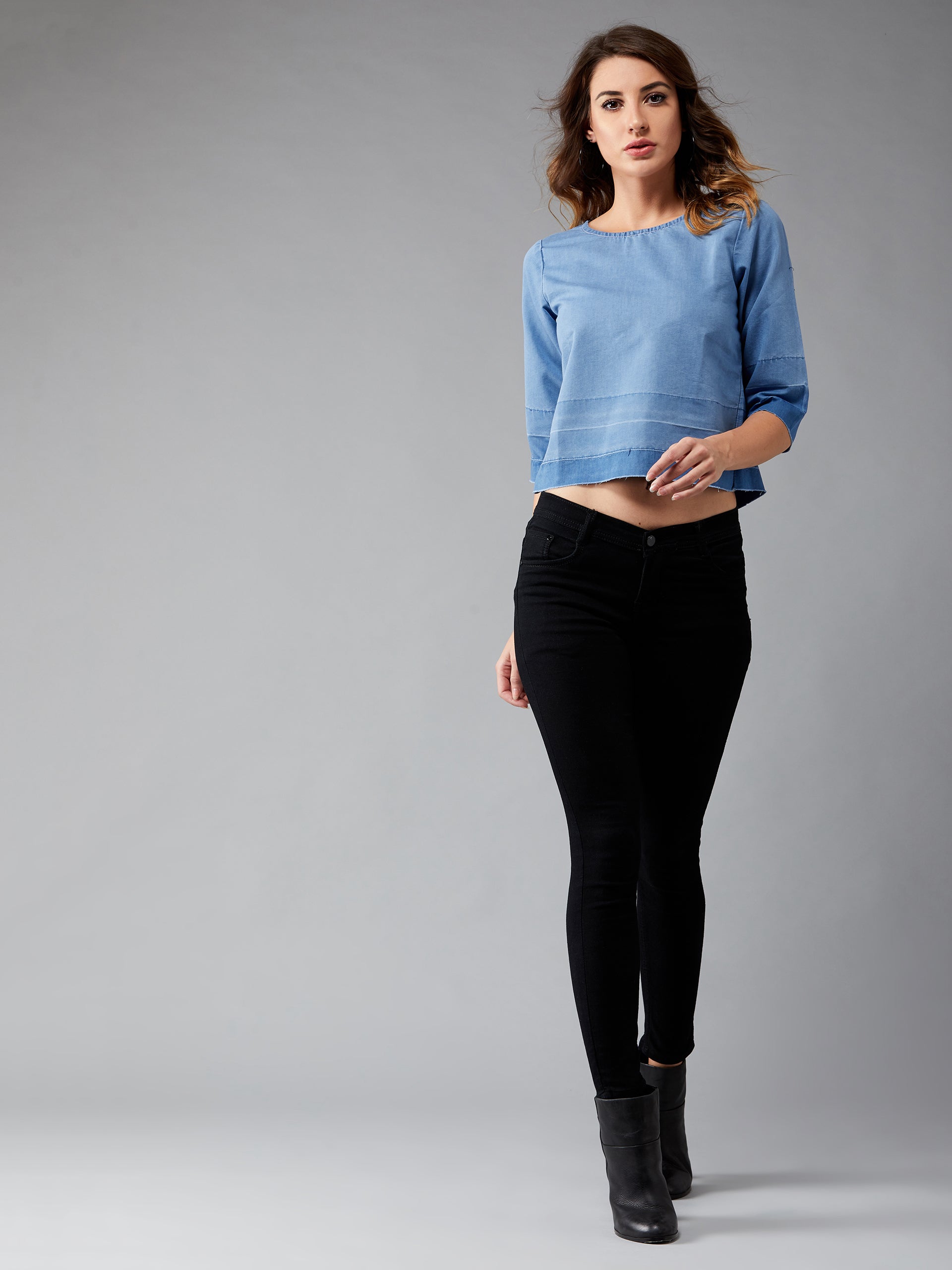 Women's Blue Denim Round 3/4 Sleeve Ombre Shaded Solid Crop Top