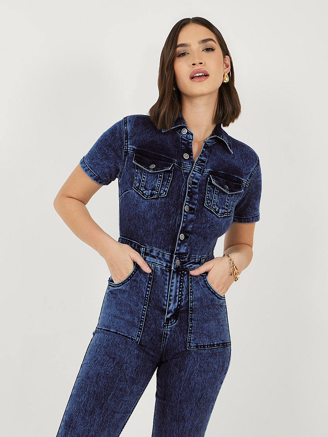 Women's Blue flared High Rise Regular Stretchable Denim Jumpsuit