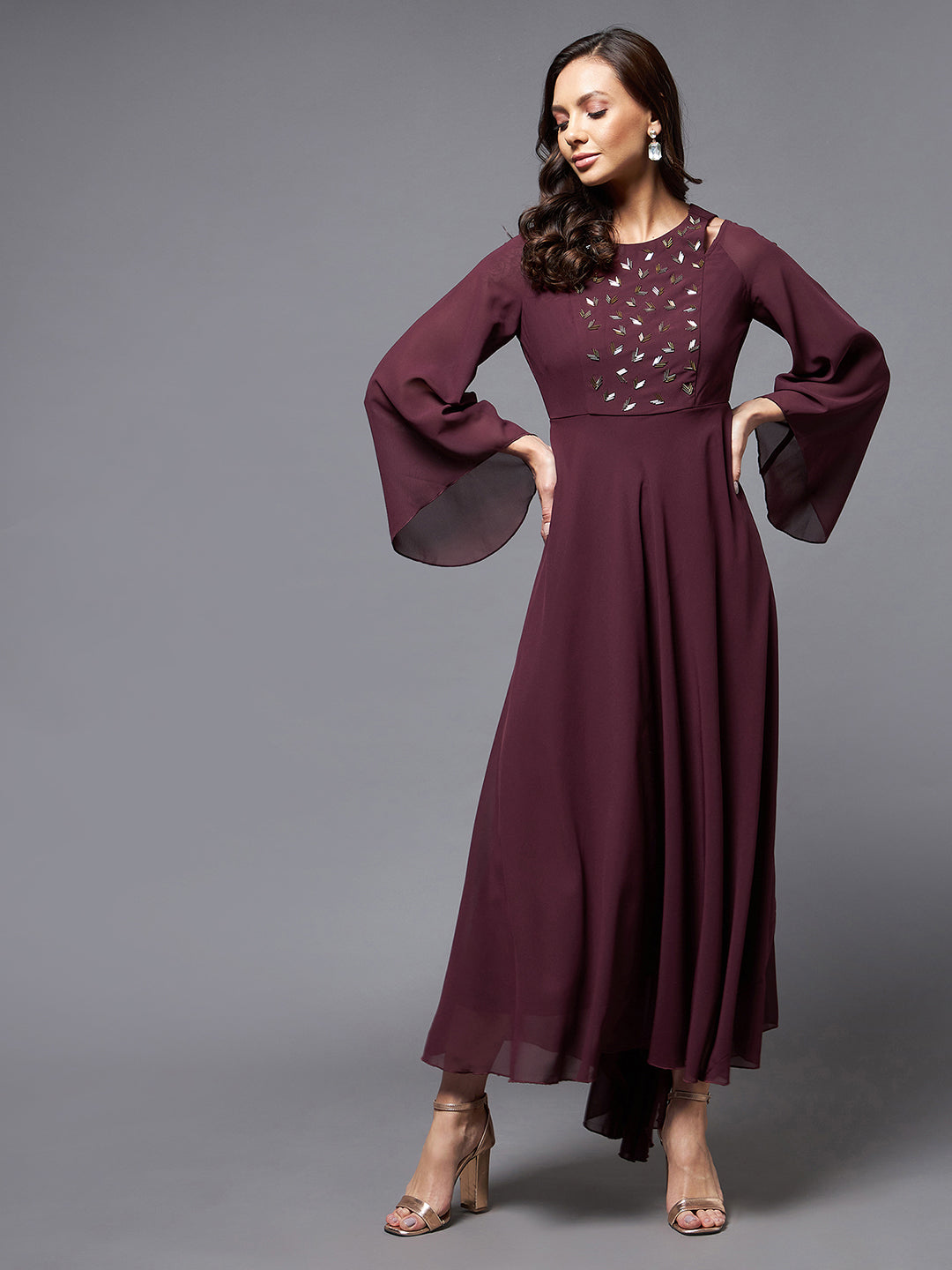 Women's Wine Shoulder Cut-out Embroidered Maxi Dress