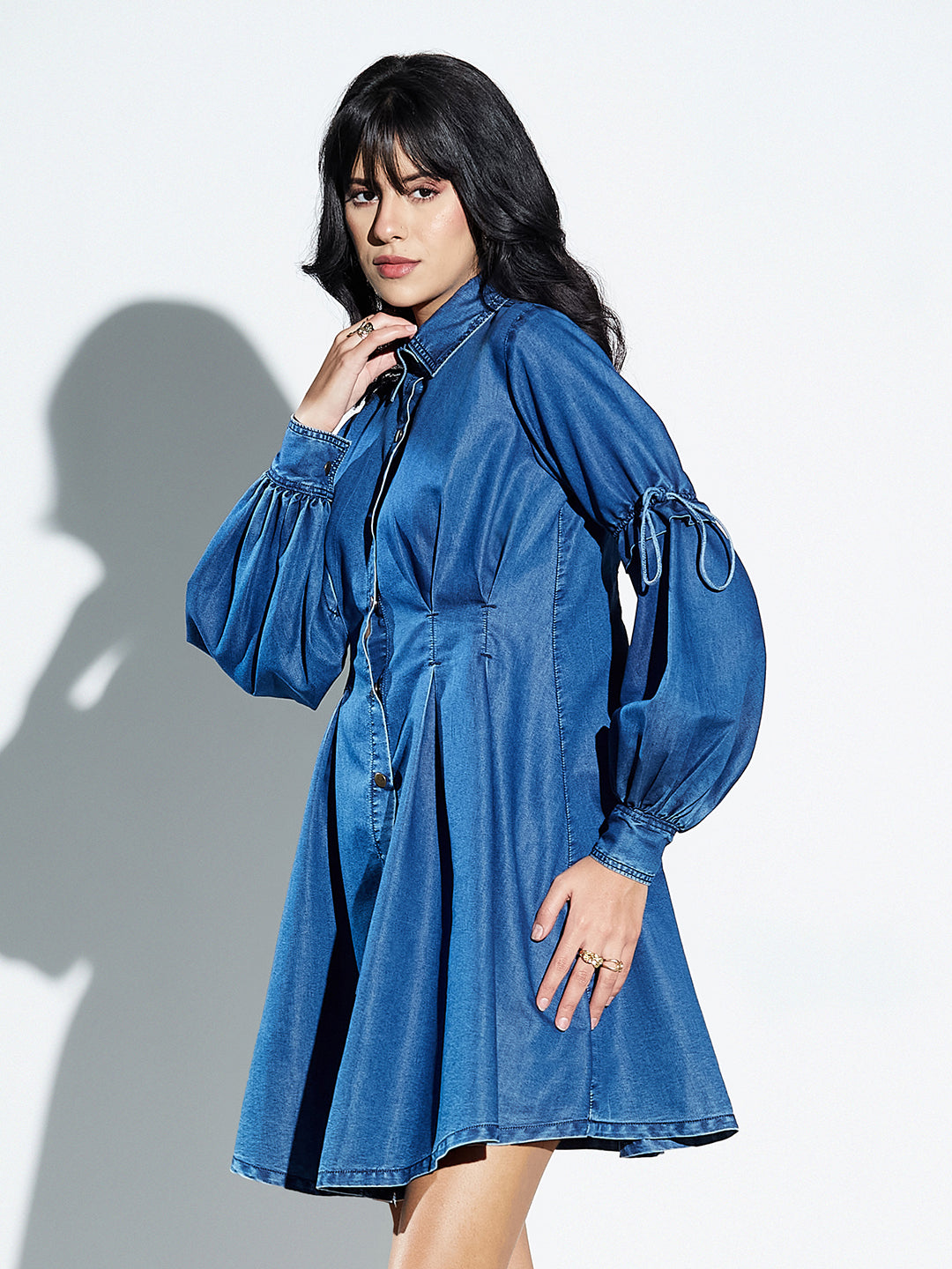 Navy Blue Pleated Denim Shirt Dress with Bishop Sleeves for Women