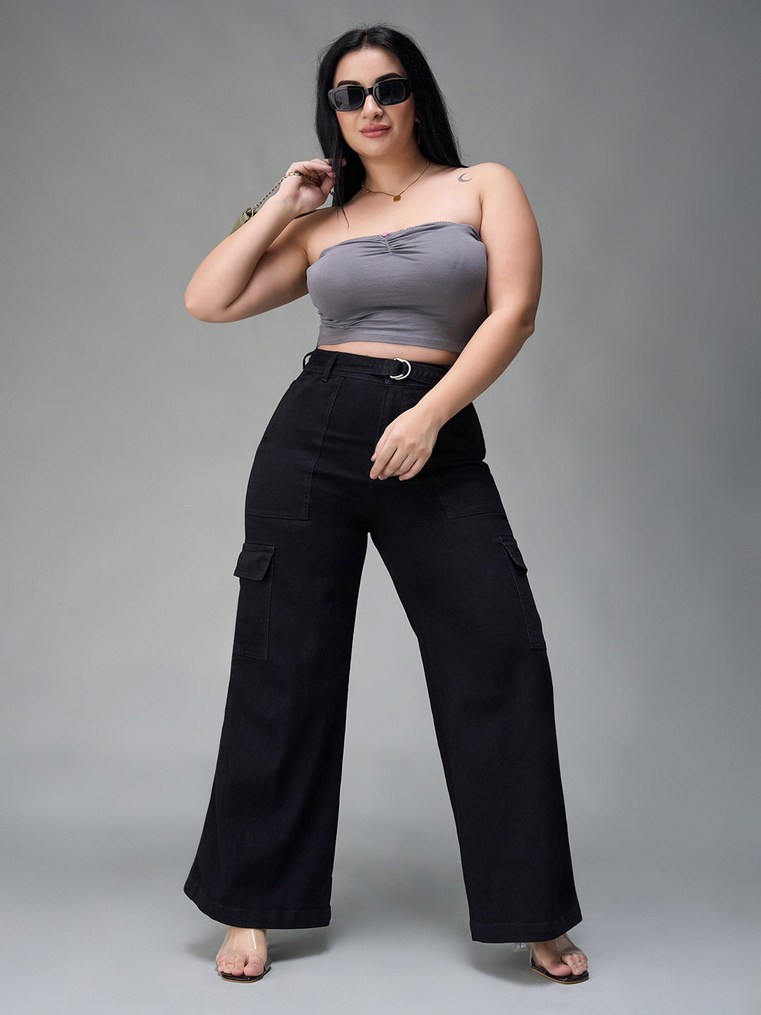 Women's Black Wide leg High rise Stretchable Denim Jeans