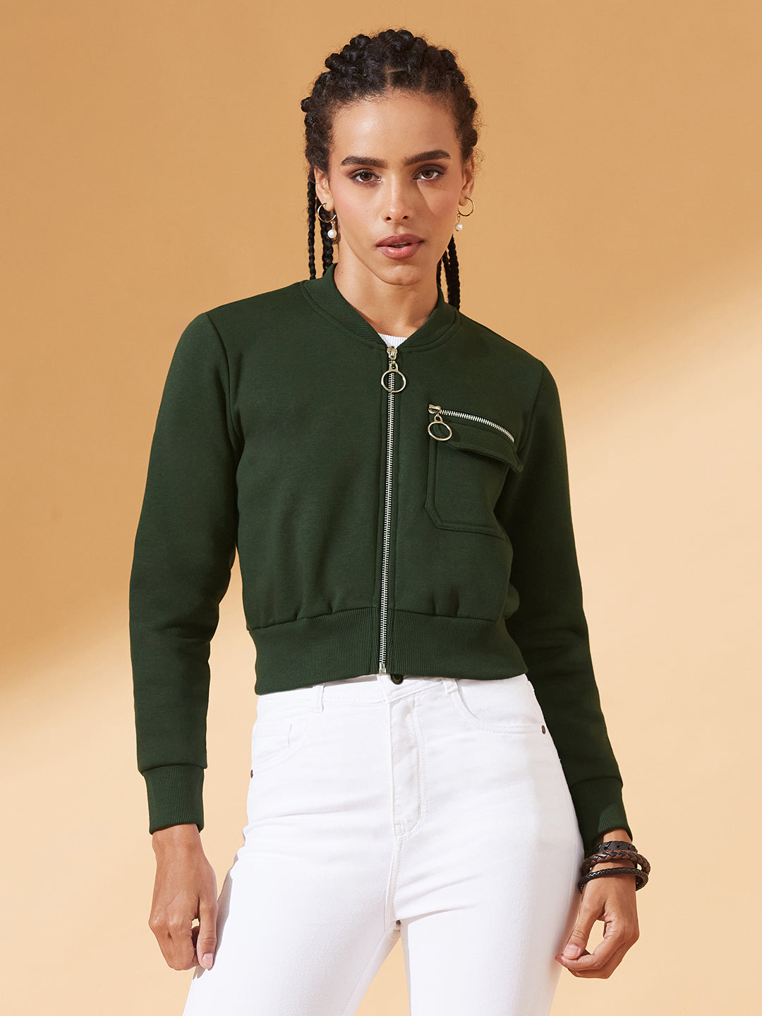 Green Stand Collar Full Sleeves Cotton Boxy/Bomber Cropped Jacket for Women