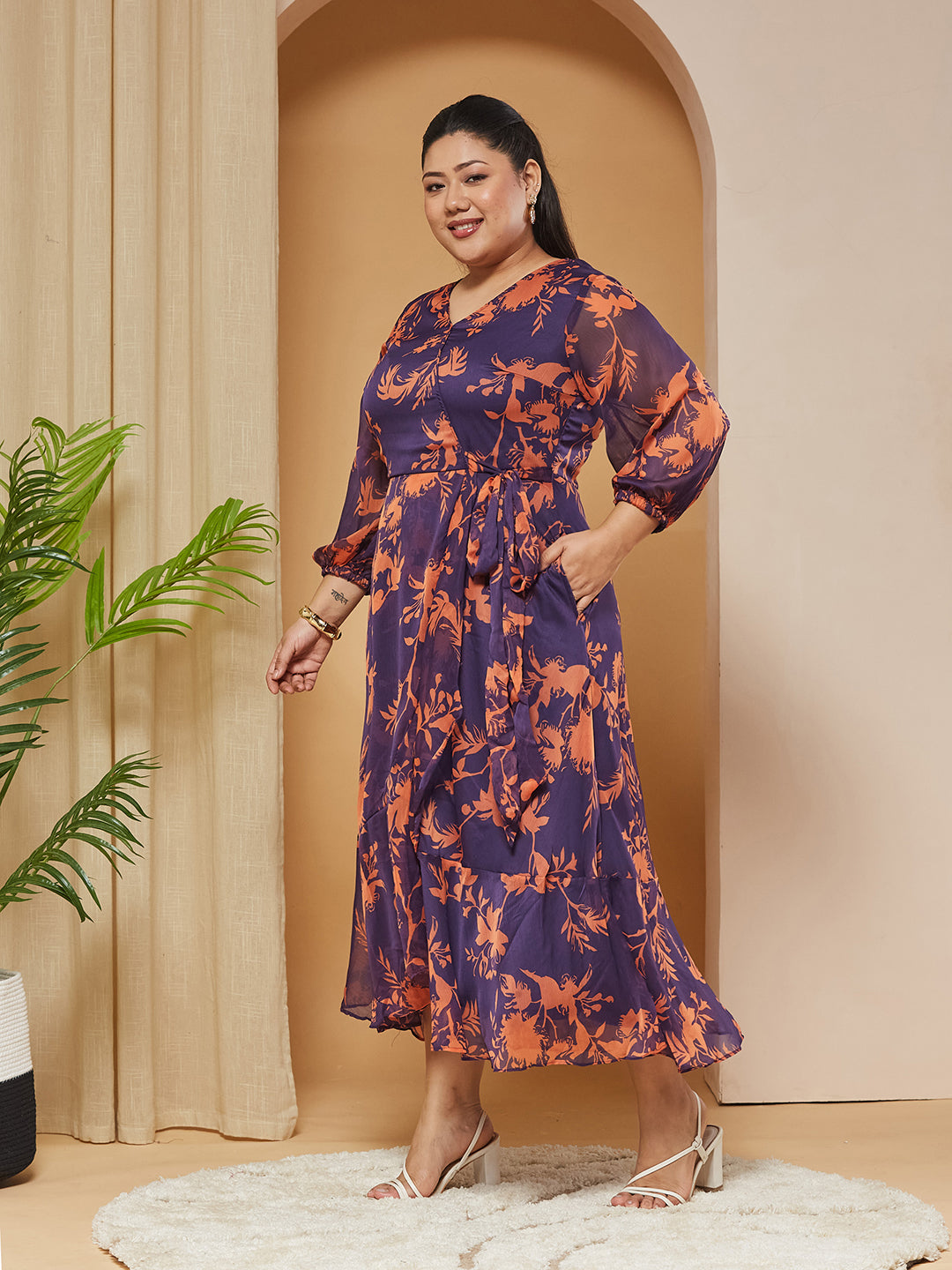 Multicolored-Base-Purple V-Neck Three-Quarter Sleeve Floral Wrap Chiffon Midi Dress for Women