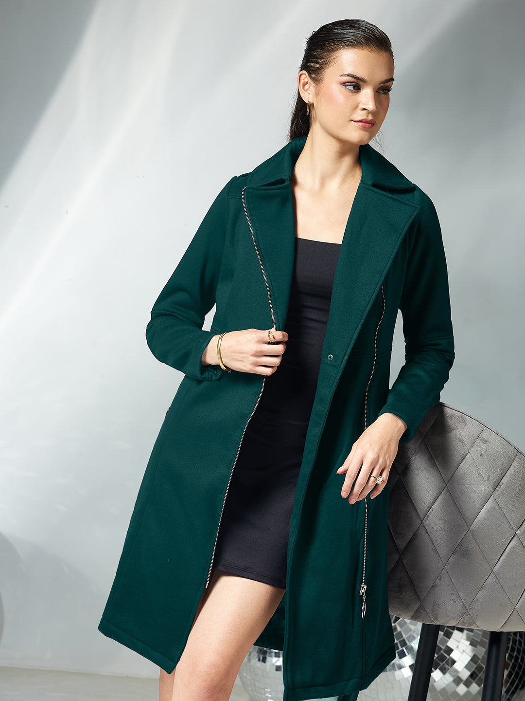 Women's Dark Green Notch Collar Multi Panelled Full Sleeve Solid Double Breasted Knee Length Jacket