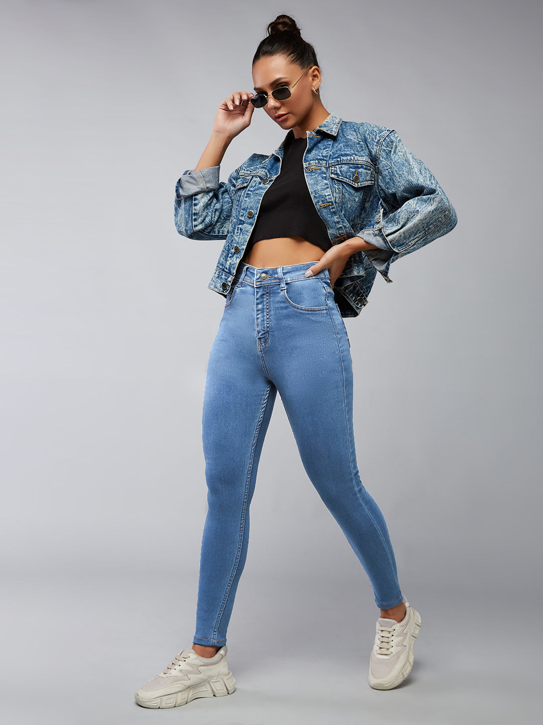 Women's Blue Skinny High-Rise Distressed Cropped Denim Jeans