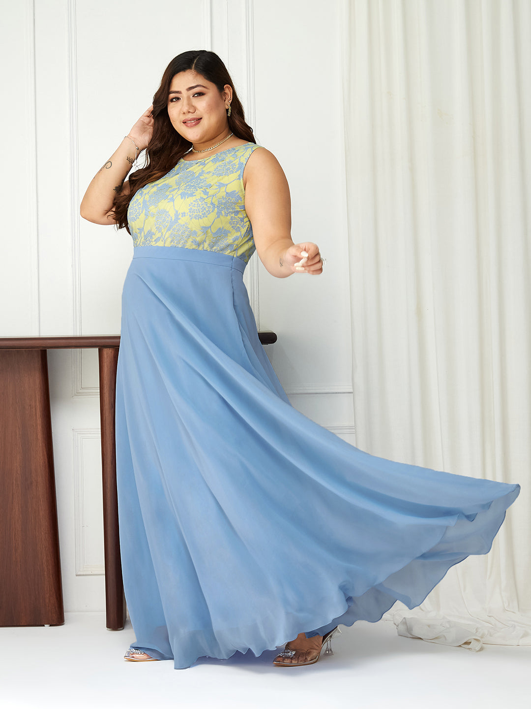 Women's Sky Blue Round Neck Sleeveless Georgette & Lace Floral Fit & Flare Maxi Dress