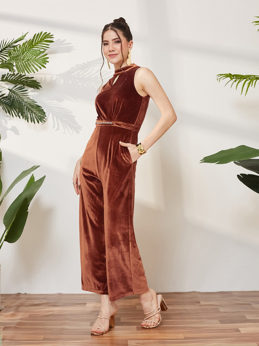 Rust Halter Neck Velvet Jumpsuit for Women