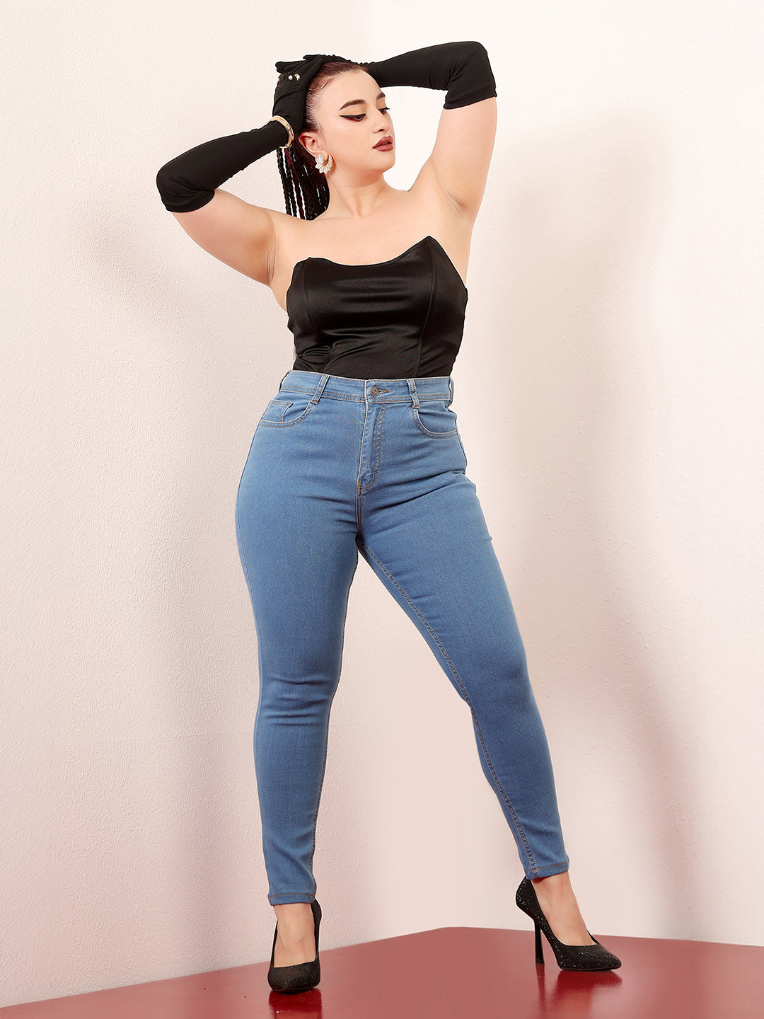 Women's Blue Solid Skinny High-Rise Clean-Look Cropped Fringe-Detailing Solid Stretchable Denim Jeans