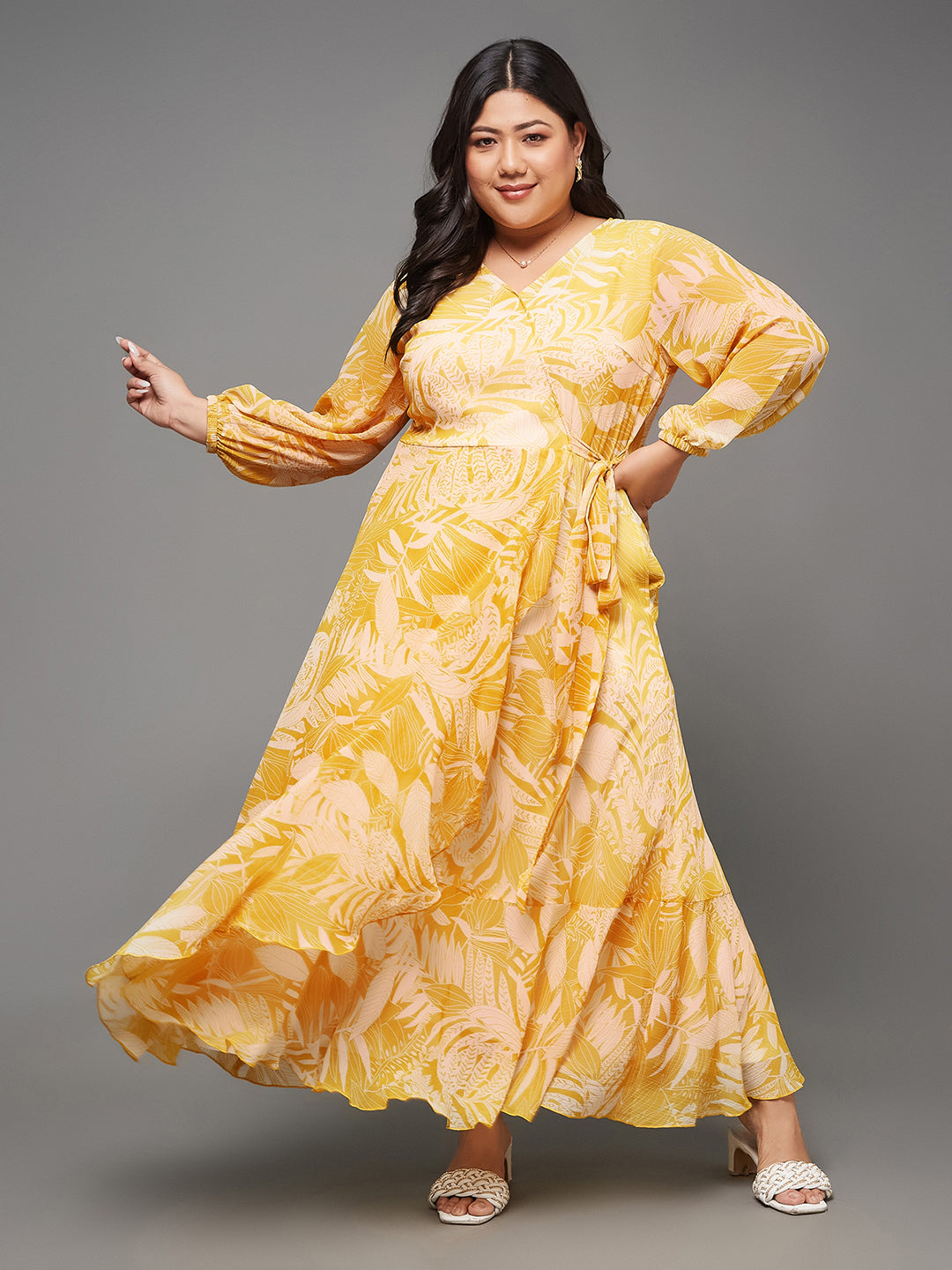 Women's Yellow & White V neck Full sleeve Floral Layered Maxi Dress