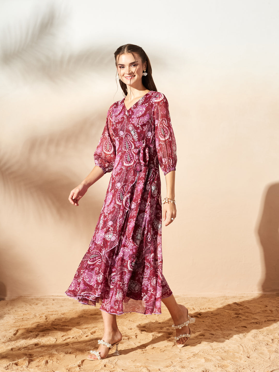 Women’s Multicolored Wine Floral V-Neck 3/4 Sleeve Wrap Midi Chiffon Dress for Women